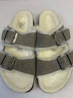 Birkenstock Arizona Shearling Stone Coin Suede Leather Narrow Width Sandals
